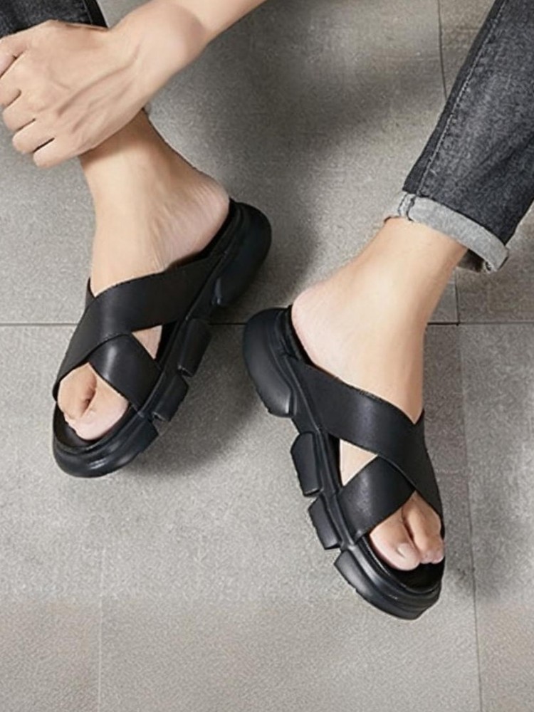 트렌디 남성 소 가죽 플랫폼 높이 증가 솔리드 컬러 슬 - Men Shoes Size Chart 리뷰 및 가격