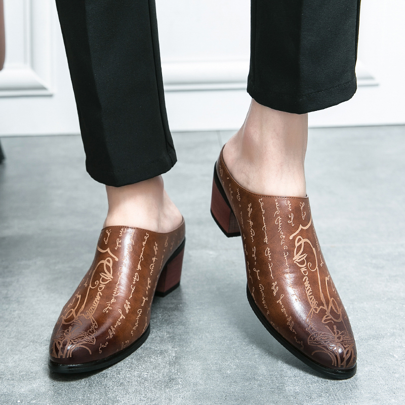 남성용 브라운 가죽 뮬 슬리퍼 레트로 레터 프린트 포인 - Men Shoes Office 리뷰 및 가격